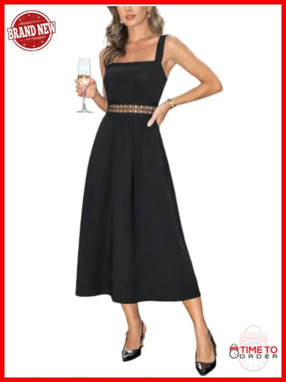 Square Neck Hollow Out Sleeveless Scalloped Eyelet Lace Strap Midi Dress